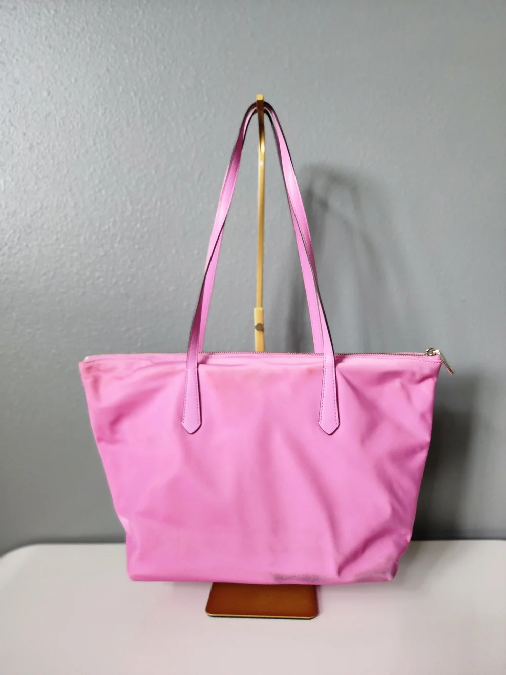 Kate Spade New York Pink Nylon Tote Shoulder Bag Zip Top Leather Handles